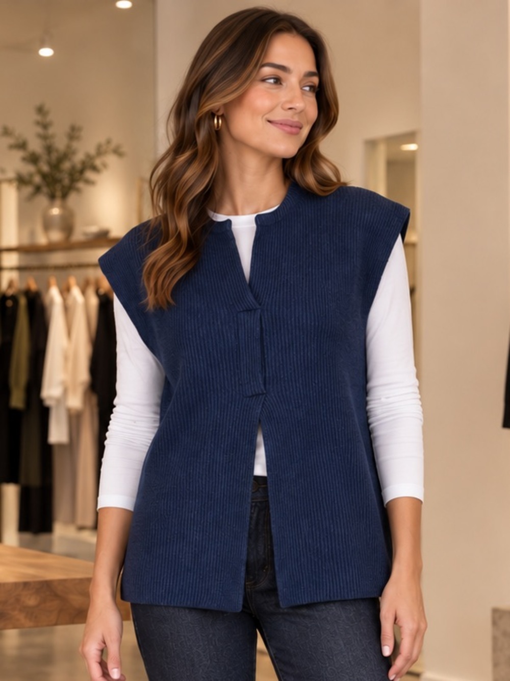 Victor Alfaro Barneys New York Navy Ribbed Sleeveless thick XO wool Vest